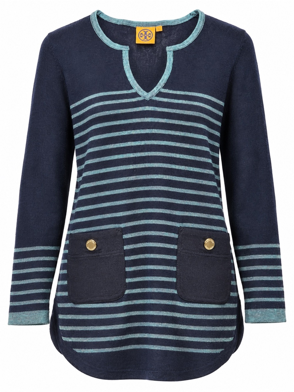 Tory Burch Wool Cashmere Blend Striped Tunic Sweater Navy Teal Gold Button L